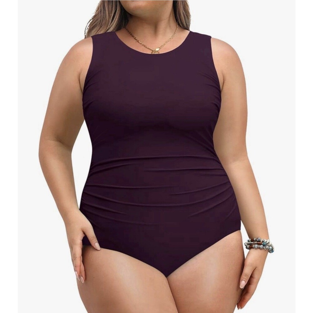 Daci Women Swimsuit Tummy Control Athletic dark wine red Slimming plus size 22W